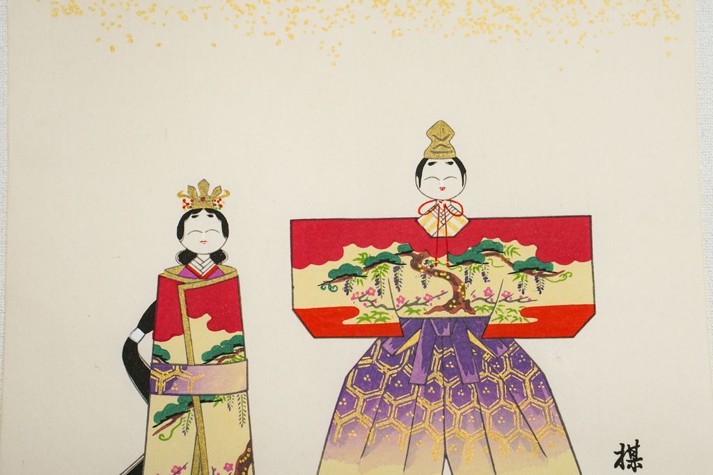 Woodblock print "Standing Dolls" by Kouno Bairei Published by UCHIDA ART
