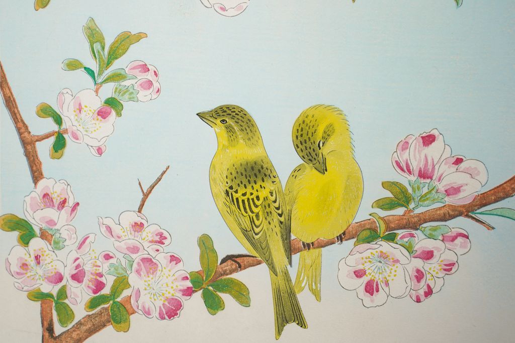 Woodblock print "Birds and Heath Rose" by Ashikaga Shizuo Published by UCHIDA ART