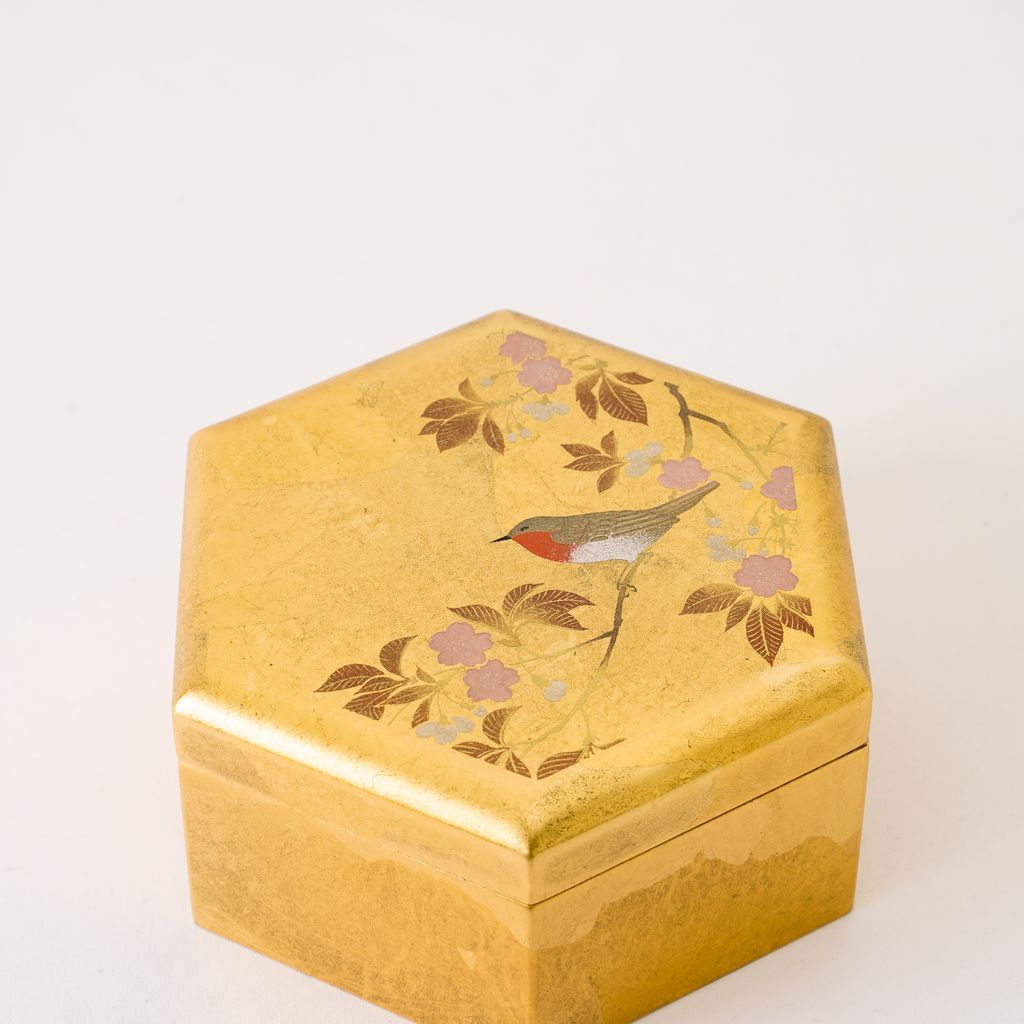 Gold Leaf Box "Flower Watching Birds" Hexagon
