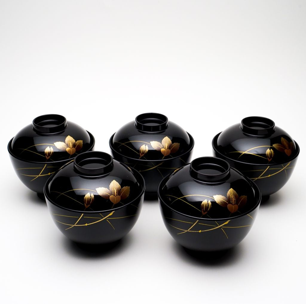 Lacquerware Bowl Set of 5p "Chloranthus japonicus" Hanasizuka
