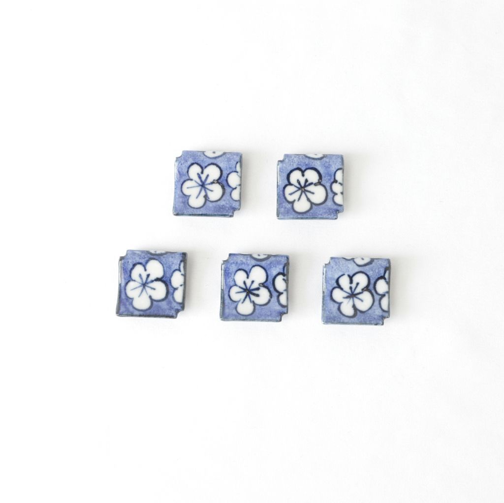 Kiyomizu ware Chopstick rest 5pcs set "Floral tile" Blue