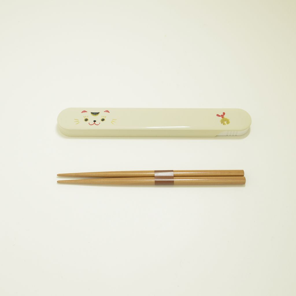 Bento Box Kokeshi Doll and Chopsticks Set "Maneki-Neko" (Large)