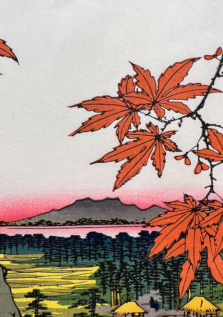 Woodblock print "View No.94 Red maples at Mama Shrine Overlooking the Tekona Shrine and Tsugihashi Bridge" by HIROSHIGE Published by UCHIDA art