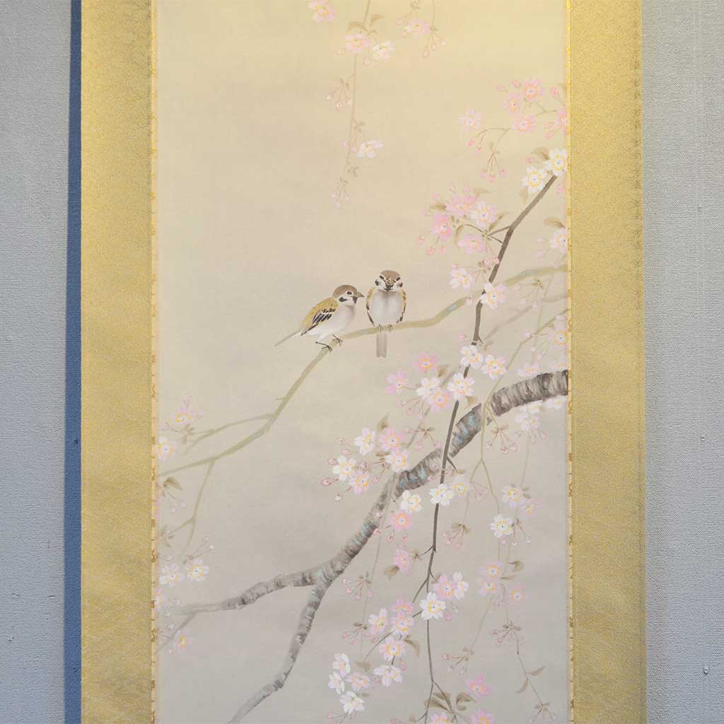Hanging Scroll Kakejiku Shizuka Hojo   Cherry Blossoms with a Bird
