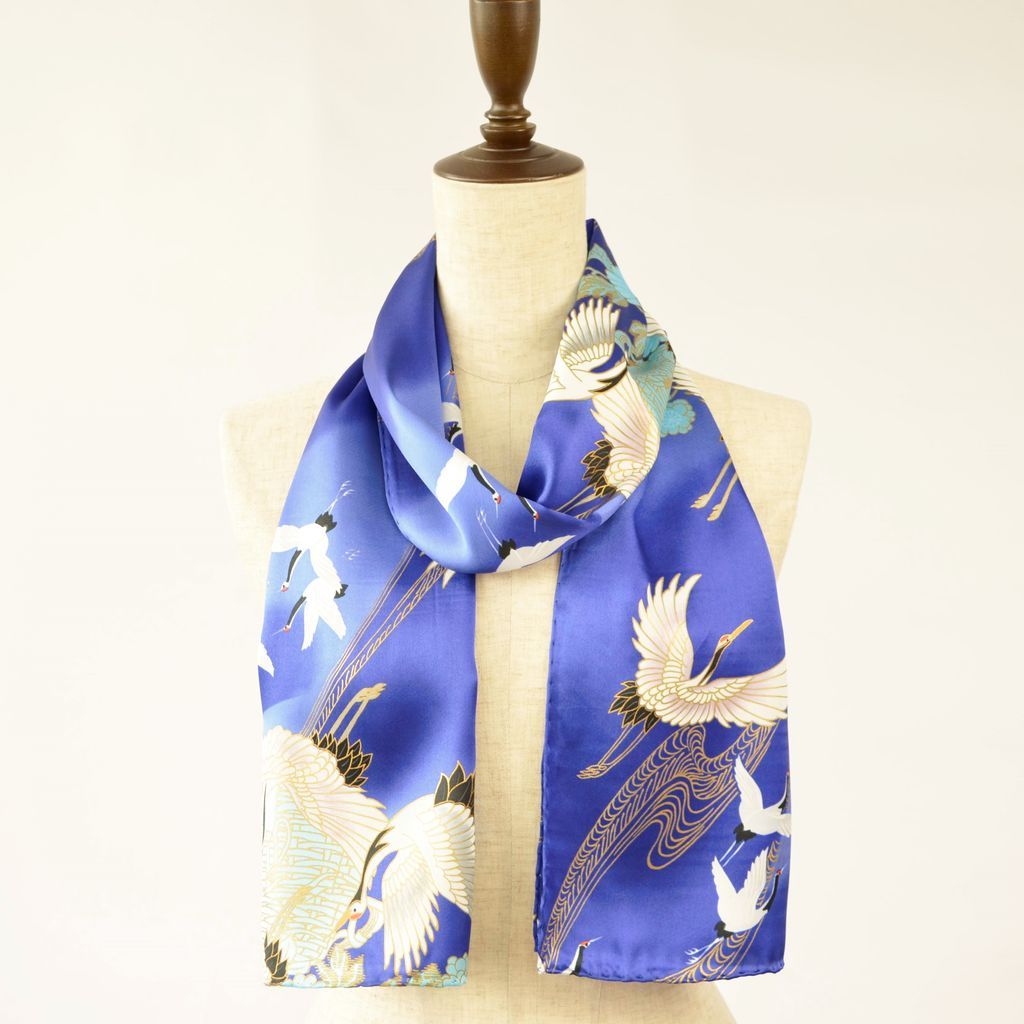 Silk scarf long "Crane" Blue