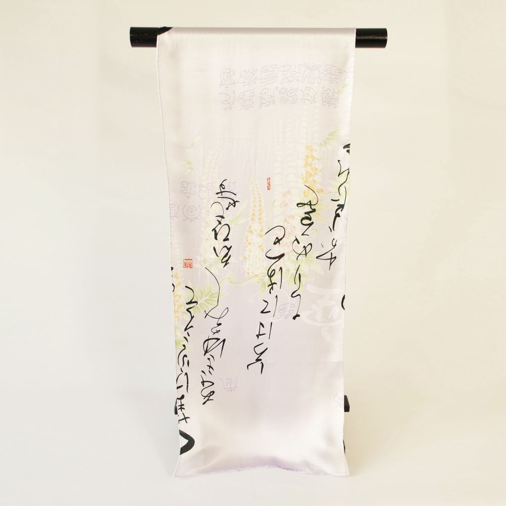 Silk scarf long "Wisteria and Japanese alphabet" Purple