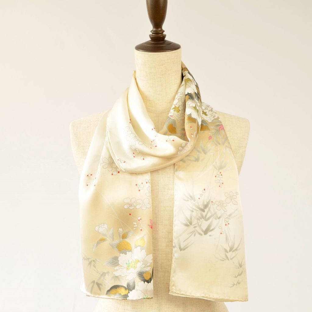 Silk scarf long "Cotton rose" White