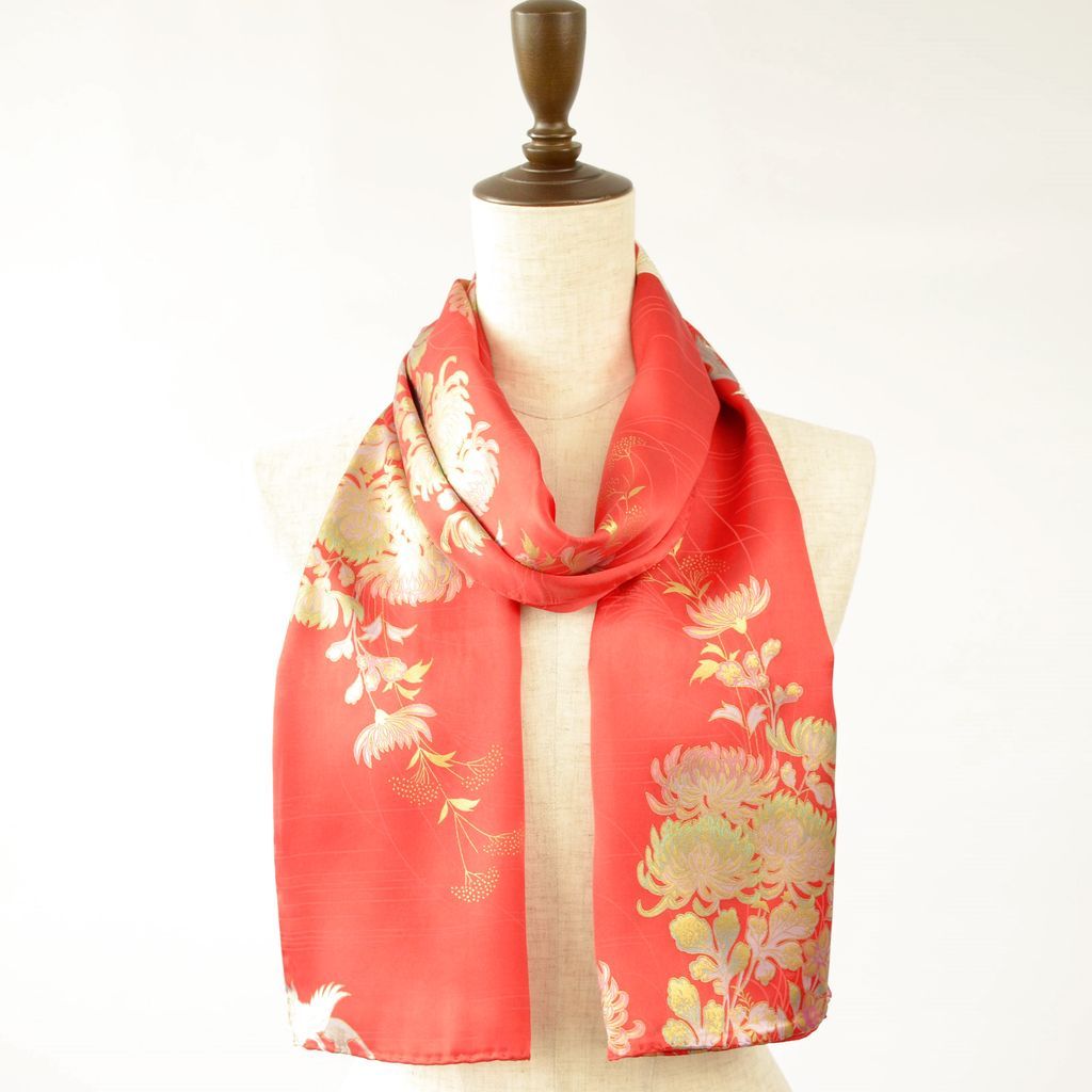 Silk scarf long "Gold crane" Red