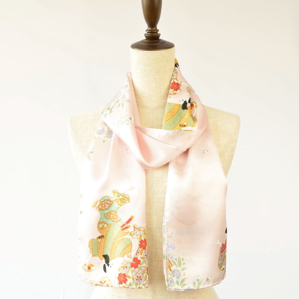Silk scarf long "Dancing with cherry blossoms" Pink
